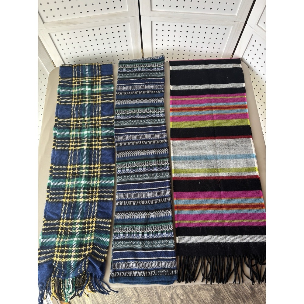 LOT/3 V. Fraas Women's Scarves Scarf Acrylic Fringe Winter Plaid Stripe Print